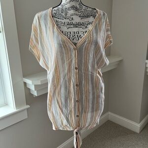 Cream lt grey and beige cap sleeve tie bottom top